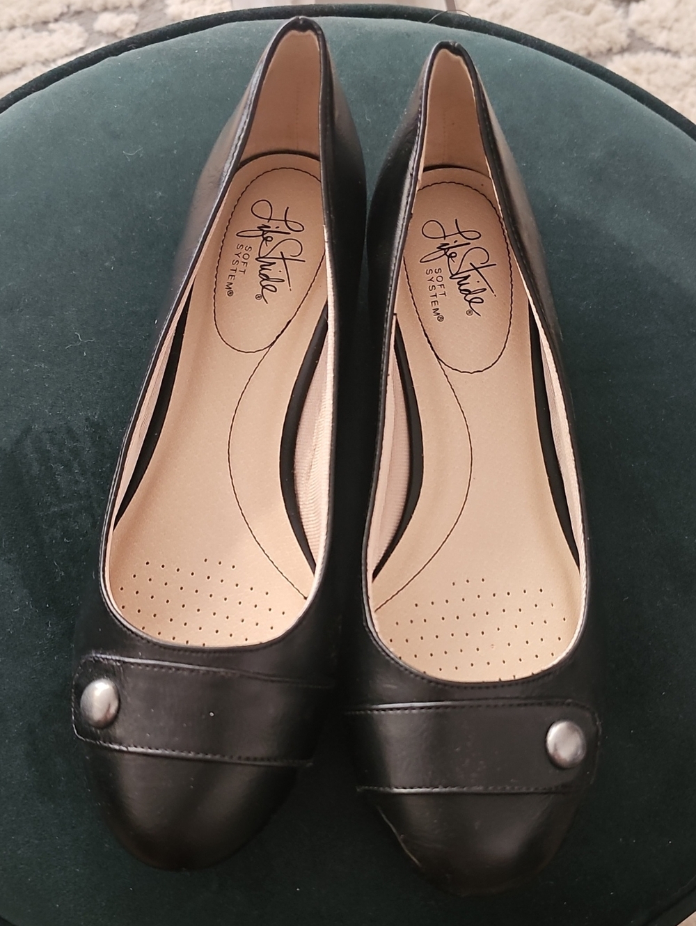 Life Stride Black Leather Flats with Button Accent